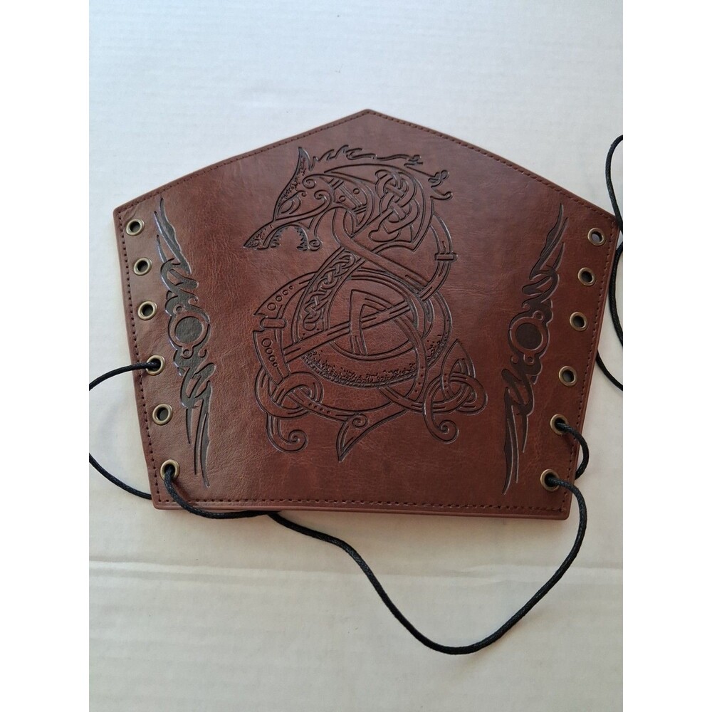Medieval Leather Bracers Dragon Embossed Viking Brown Leather Arm Lace Up Back